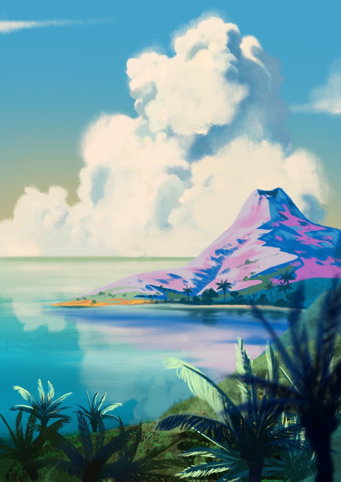 Ilustración de la isla y el volcán